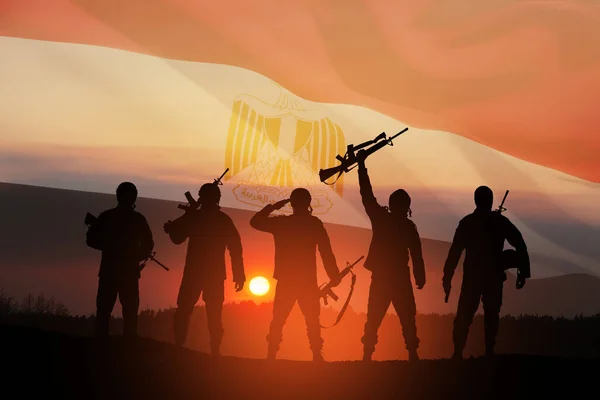 Double Exposure Silhouettes Soliders Sunset Sunrise Flag Egypt Greeting Card — Stockfoto