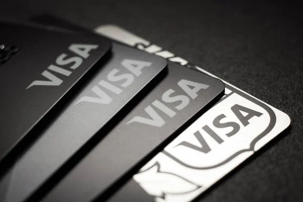 Close Visa Credit Cards Placed Dark Background Macro Photo Moscow — стоковое фото