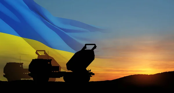 Артилерійська Ракетна Система Спрямована Небо Заході Сонця Українським Прапором Кілька — стокове фото