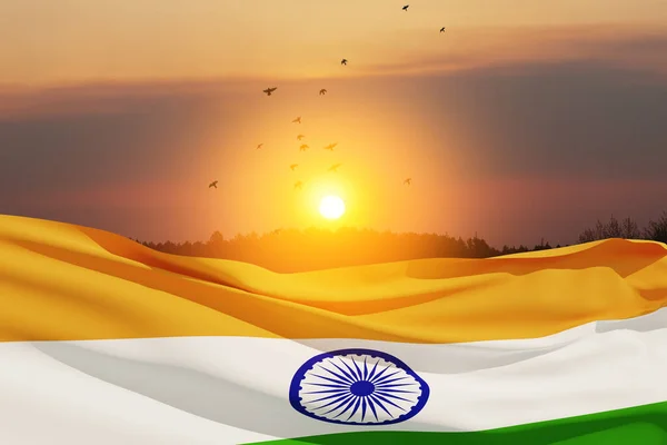Mengibarkan Bendera India Langit Terbenam Dengan Burung Terbang Latar Belakang — Stok Foto