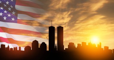 New York skyline silhouette with Twin Towers and USA flag at sunset. 09.11.2001 American Patriot Day banner. clipart