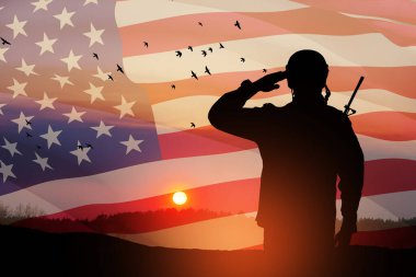 Amerikan askeri, günbatımı, gündoğumu ve Amerikan bayrağını selamlıyor. Gaziler Günü için tebrik kartı, Anma Günü, Bağımsızlık Günü. Amerika kutlaması. 3 Boyutlu Hazırlama.