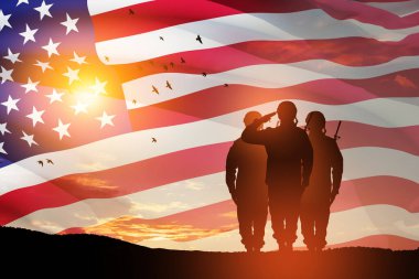 USA army soldiers saluting on a background of sunset or sunrise and USA flag. Greeting card for Veterans Day, Memorial Day, Independence Day. America celebration. 3D-rendering.