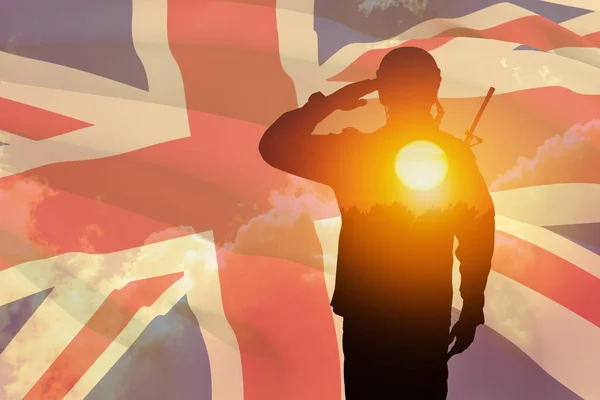 Silhouette Soldier Print Sunset Saluting Background United Kingdom Flag Greeting — Photo