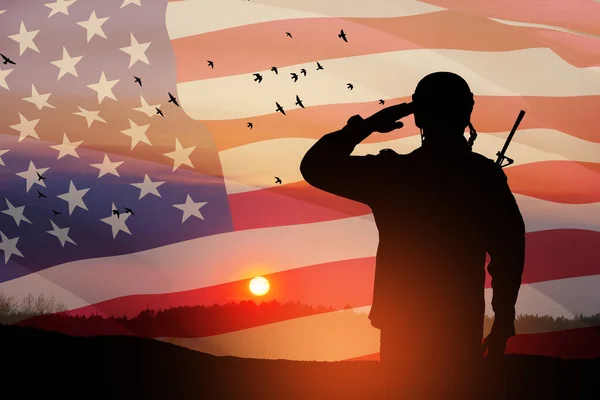 Soldat Der Armee Beim Salut Vor Dem Hintergrund Von Sonnenuntergang — Stockfoto