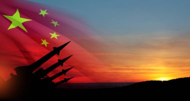 The missiles are aimed at the sky at sunset with China flag. Nuclear bomb, chemical weapons, missile defense, a system of salvo fire. 3d-rendering.