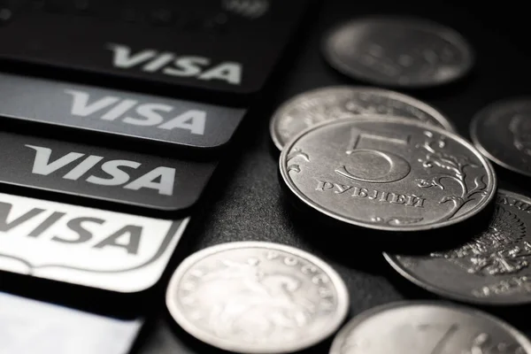 Rublos Russos Mastercard Visa Cartão Eletrônico Plástico Sanções Financeiras Contra — Fotografia de Stock