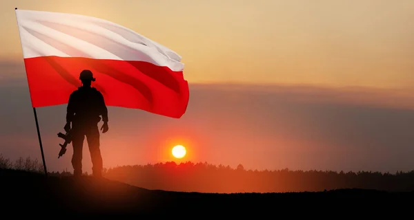 夕阳西下挂着国旗的士兵的肖像 波兰武装部队 波兰共和国武装部队 波兰军队 — 图库照片