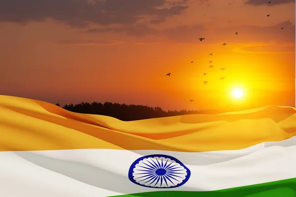 Ondeando Bandera India Cielo Del Atardecer Con Aves Voladoras Antecedentes — Foto de Stock