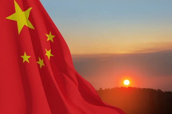 Close up waving flag of China on background of sunset sky. Flag symbols of China. National day of the people\'s republic of China. 1st october. 3d rendering.