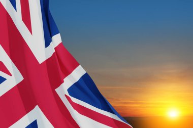 Günbatımı arka planında Birleşik Krallık bayrakları. Mesajınız için arka planda yer alın. 3d oluşturma.