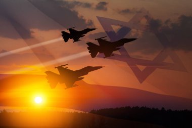 Aircraft silhouettes on background of sunset with a transparent waving Israel flag. Military aircraft. Independence day. Air Force Day.