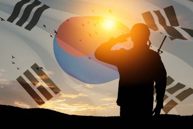 Silhouette of soldier saluting against the sunrise or sunset and South Korea flag. Concept - armed forces of Korea. Greeting card for Memorial Day, Liberation Day. Korean celebration. 3D-render.