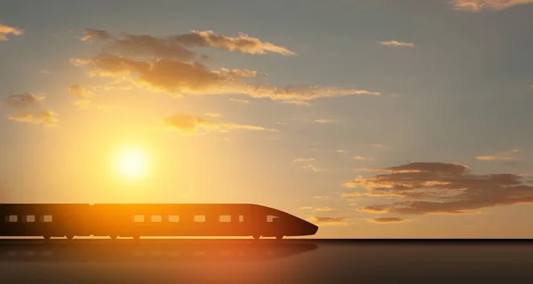 Silueta Vysokorychlostního Vlaku Pohybu Při Západu Slunce Rychle Jedoucí Moderní — Stock fotografie