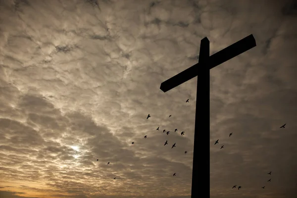 Cruz Cristiana Con Aves Voladoras Amanecer Resurrección Jesús Concepto Foto — Foto de Stock