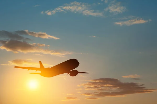 Airplane Taking Sunset Sky Silhouette Aircraft Sky — Stock Photo, Image