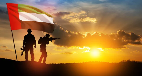 Silhouettes Soldiers Flag Uae Sunset Sunrise Concept National Holidays Commemoration — Stock Fotó