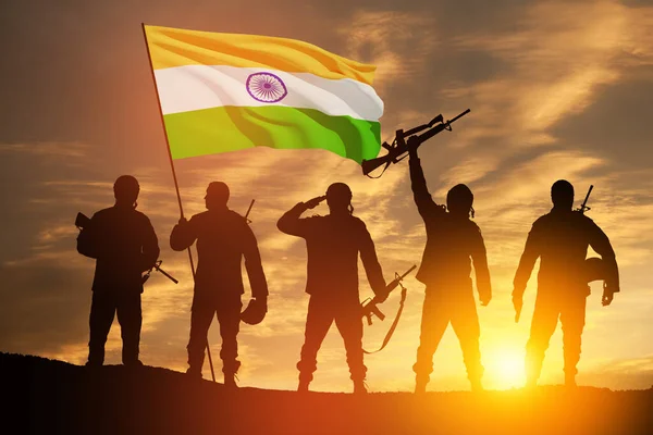 Silhouettes Soldiers India Flag Background Sunset Sunrise Greeting Card Independence — Stock Photo, Image