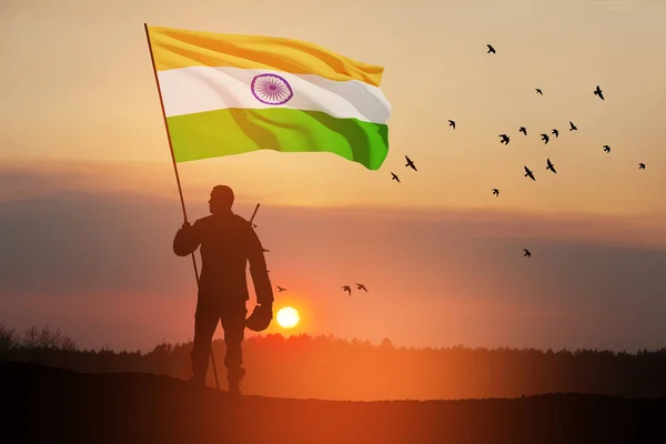 Silhouette Soldier India Flag Flying Birds Background Sunset Sunrise Greeting — Stock Photo, Image