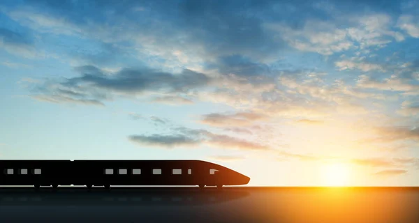 日没時に動きの速い列車のシルエット 高速鉄道プラットフォーム上で現代の旅客列車を移動 商業輸送 — ストック写真