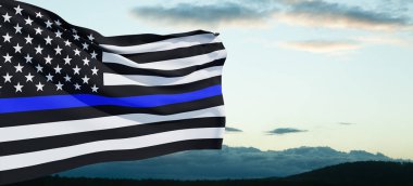 Mavi gökyüzünde üzerinde polis sembolü olan Amerikan bayrağı. Toplumdaki Amerikan polisi kaosu engelleyen, düzen ve medeniyetin gelişmesini sağlayan güçtür. Pankart.