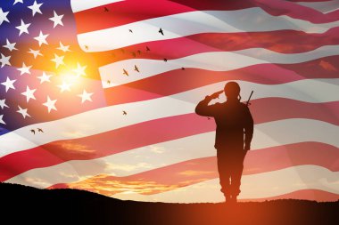 USA army soldier saluting on a background of sunset or sunrise and USA flag. Greeting card for Veterans Day, Memorial Day, Independence Day. America celebration. 3D-rendering.