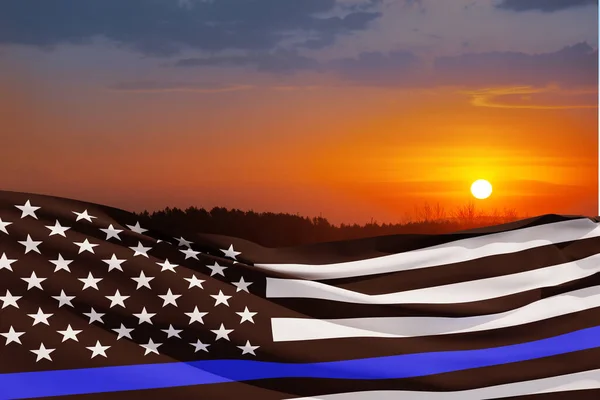 Αμερικανική Σημαία Σύμβολο Αστυνομικής Υποστήριξης Λεπτή Μπλε Γραμμή Στο Ηλιοβασίλεμα — Φωτογραφία Αρχείου