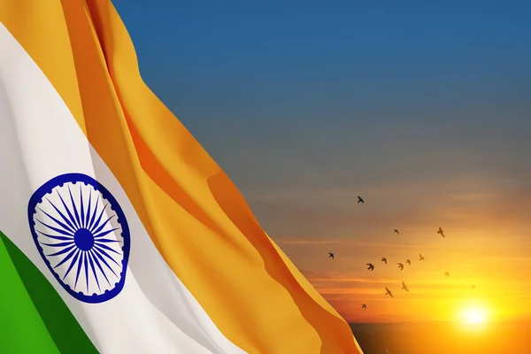 Waving India flag on sunset sky with flying birds. Background with place for your text. Indian independence day, 15 August. 3d-rendering.