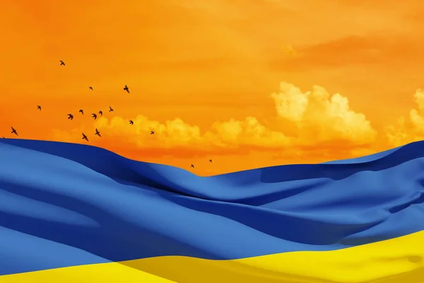 Bandera Ucrania Cielo Naranja Con Pájaro Cierre Ondeando Bandera Ucrania — Foto de Stock