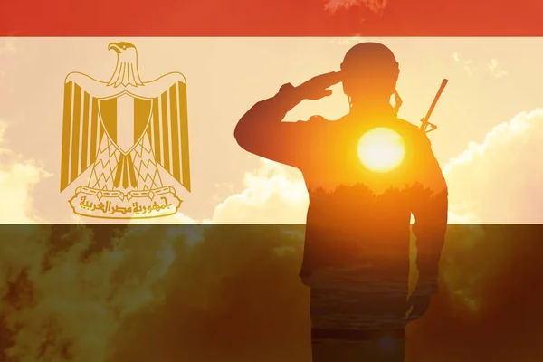 Double Exposure Silhouette Solider Sunset Sunrise Flag Egypt Greeting Card — Stockfoto