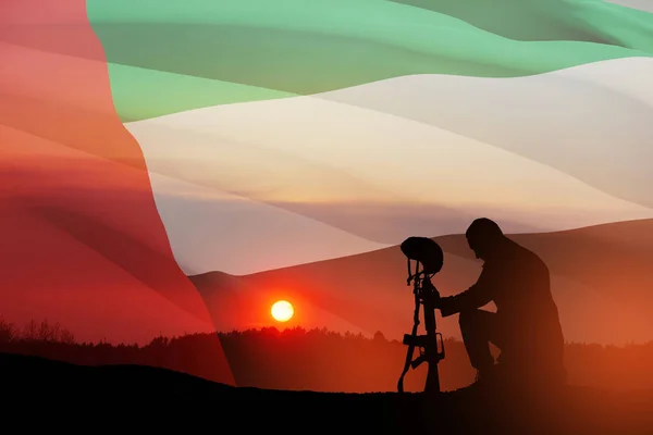 Silhouette Soldier Kneeling His Head Bowed Sunrise Sunset Uae Flag — ストック写真