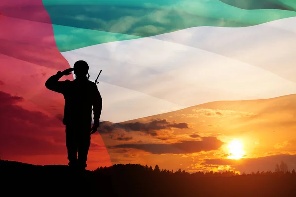 Silhouette Soldier Saluting Background Uae Flag Sunset Sunrise Concept National — Foto Stock