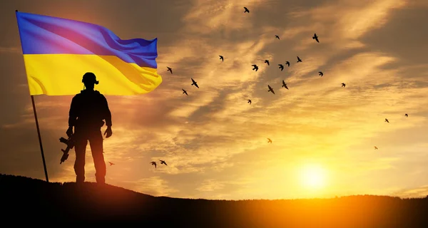 Прапор України Силуетом Солдата Проти Сходу Або Заходу Сонця Концептуально — стокове фото