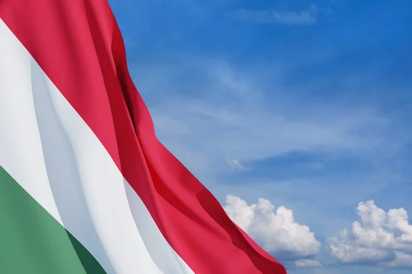Magyarország Zászlaját Lobogtatva Kék Égen Függetlenség Napja Nemzeti Nap Háttérrel — Stock Fotó
