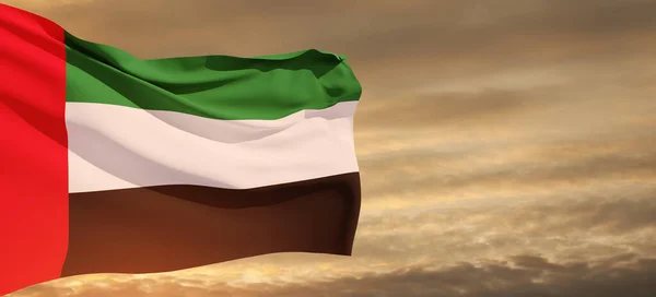 Флаг Объединенных Арабских Эмиратов Фоне Закатного Неба Празднование Оаэ Национальный — стоковое фото