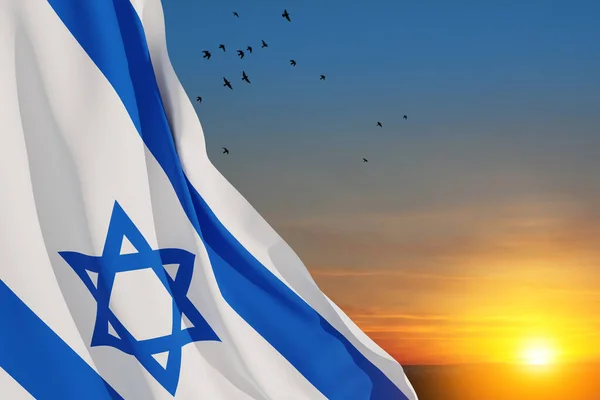 Флаг Израиля Звездой Давида Облачном Фоне Неба Летающими Птицами Закате — стоковое фото