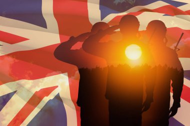 Silhouettes of soldiers with print of sunset saluting on a background of United Kingdom flag. Greeting card for Poppy Day, Remembrance Day. United Kingdom celebration. clipart