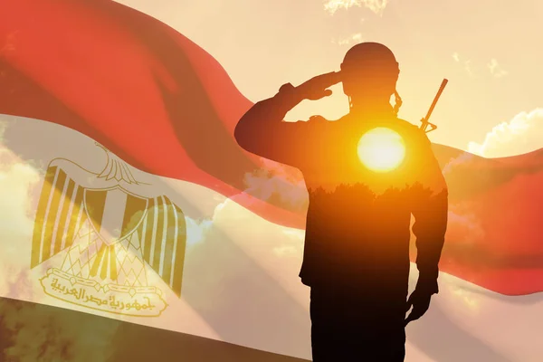 Double Exposure Silhouette Solider Sunset Sunrise Flag Egypt Greeting Card — Stock fotografie