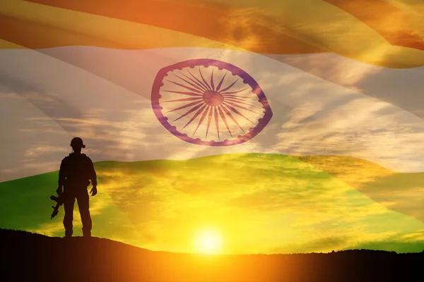 Silhouette Soldier Background India Flag Sunset Sunrise Greeting Card Independence — Stock Photo, Image
