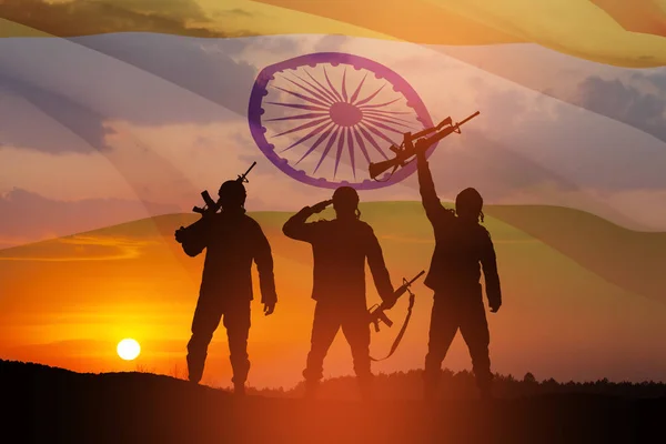 Силуэты Солдат Фоне Индийского Флага Заката Восхода Солнца Открытки День — стоковое фото