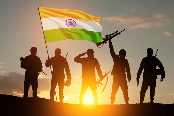 Silhouettes Soldiers India Flag Background Sunset Sunrise Greeting Card Independence — Stock Photo, Image