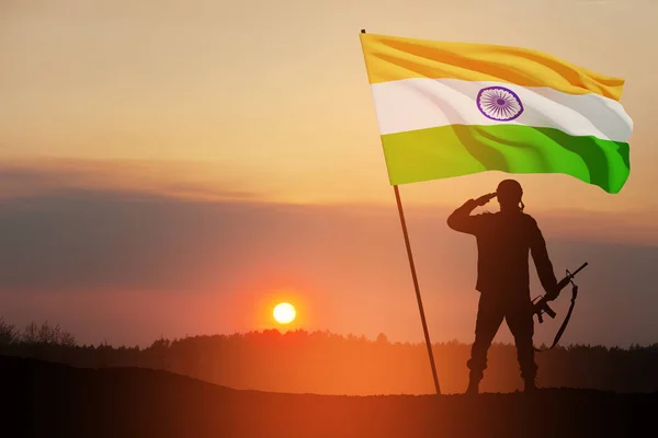 Silhouette Soldier India Flag Background Sunset Sunrise Greeting Card Independence — Photo