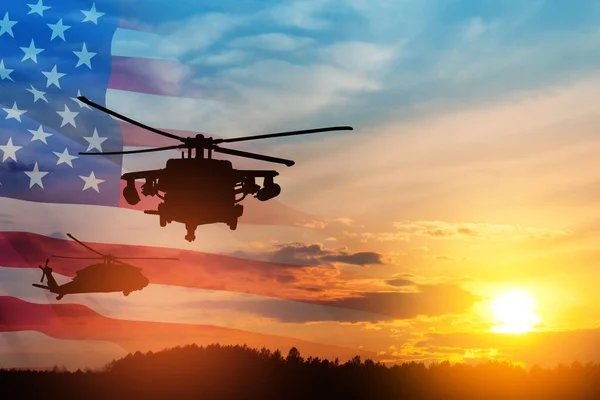 stock image Silhouettes of helicopters on background of sunset with a transparent American flag. Greeting card for Veterans Day, Memorial Day, Air Force Day. USA celebration.