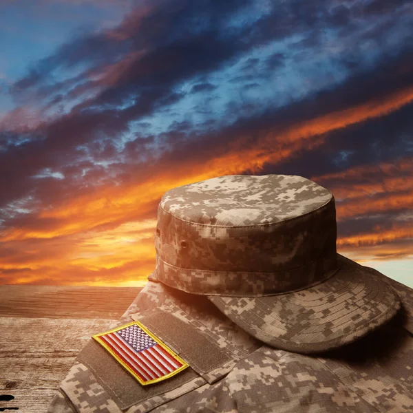 Usa Military Uniform Insignias Old Wooden Table Sunset Sky Background — Stock fotografie