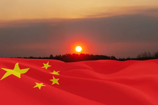 Close up waving flag of China on background of sunset sky. Flag symbols of China. National day of the people's republic of China. 1st october. 3d rendering.