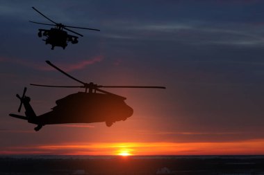Gün batımının arka planında helikopter siluetleri. Gaziler Günü için tebrik kartı, Anma Günü, Hava Kuvvetleri Günü. ABD kutlaması.