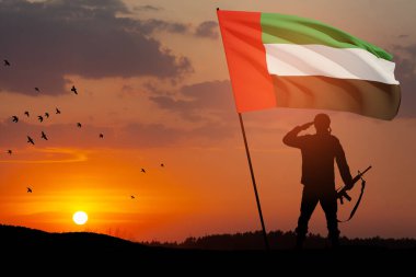 Gün batımına ya da gün doğumuna karşı BAE bayrağıyla selamlayan asker silueti. Ulusal tatil kavramı. Anma Günü.