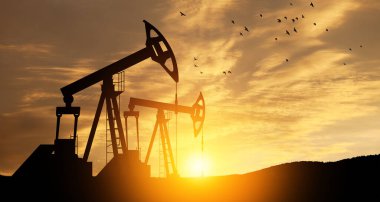 Savaşın yol açtığı petrol fiyatlarındaki değişim. Petrol fiyatları konsepti. Çöl petrol sahasında petrol sondaj rayları. Yerden ham petrol üretimi. Petrol üretimi.