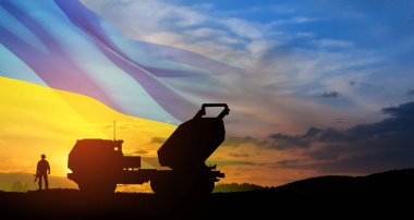 Artillery rocket system are aimed to the sky and soldier at sunset with Ukrainian flag. Multiple launch rocket system. 3d-rendering. clipart