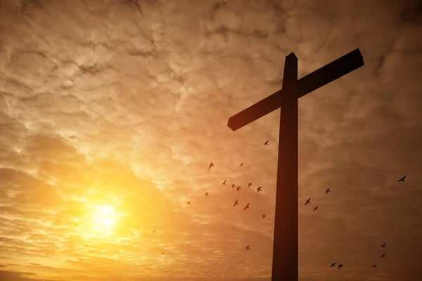 Cruzamento Cristão Com Pássaros Voadores Nascer Sol Ressurreição Jesus Fotografia — Fotografia de Stock